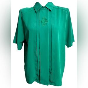 Vtg Yves St Clair Blouse 10 Short Sleeve Button Green Embroidery Shoulder Pads